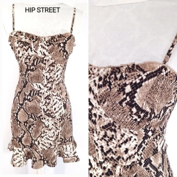 LUVALOT Spaghetti Strap Ruffle Edge Snake Skin Print Mini Dress 6 - Picture 1 of 5